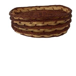 Set of 4 Oval Two-Tone Wicker Baskets - Handwoven Decorative Serving Trays